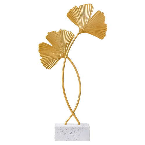 Nordic Marble Ginkgo Leaf Ornament — Golden Metal Cabinet Decor