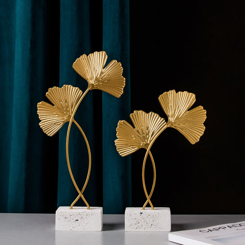 Nordic Marble Ginkgo Leaf Ornament — Golden Metal Cabinet Decor